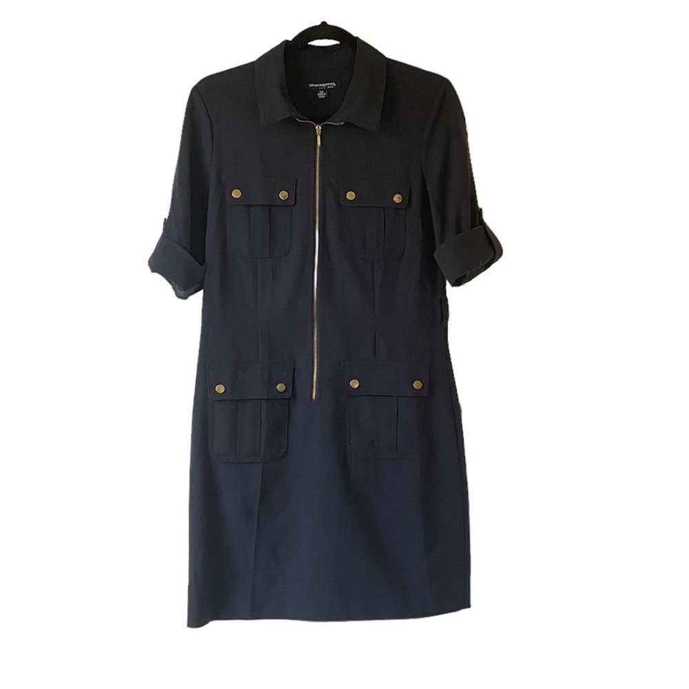 Sharagano navy blue midi length dress size 10 petite